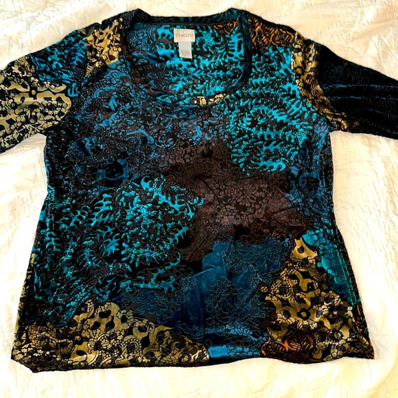 Chicos Blue-Tan- Black Long Sleeve Burnout Top Sz2 - Picture 1 of 11